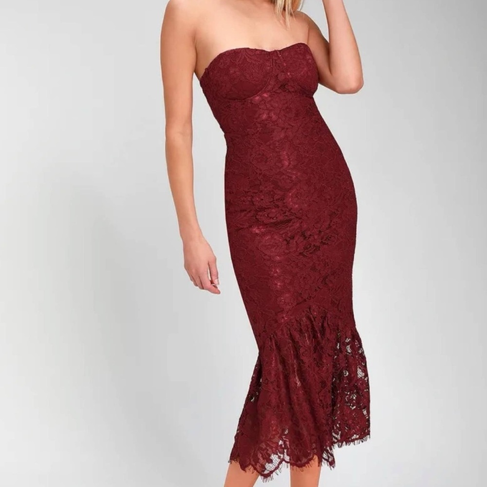 Lulus Divine Nights Burgundy Lace Strapless Midi Dres